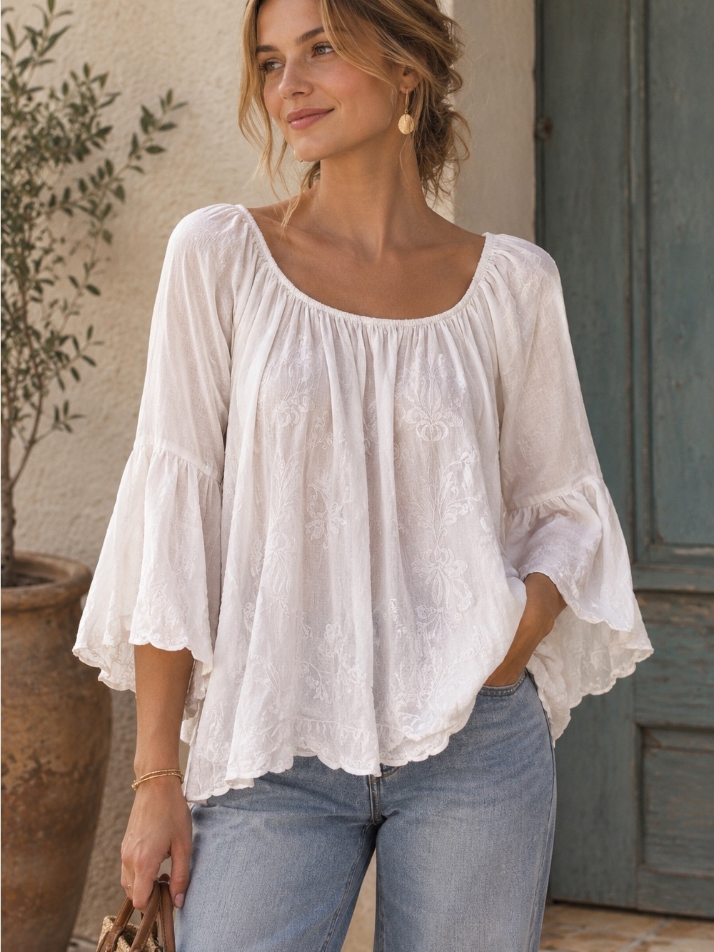 krazy kat White Embroidered Peasant Tunic Top